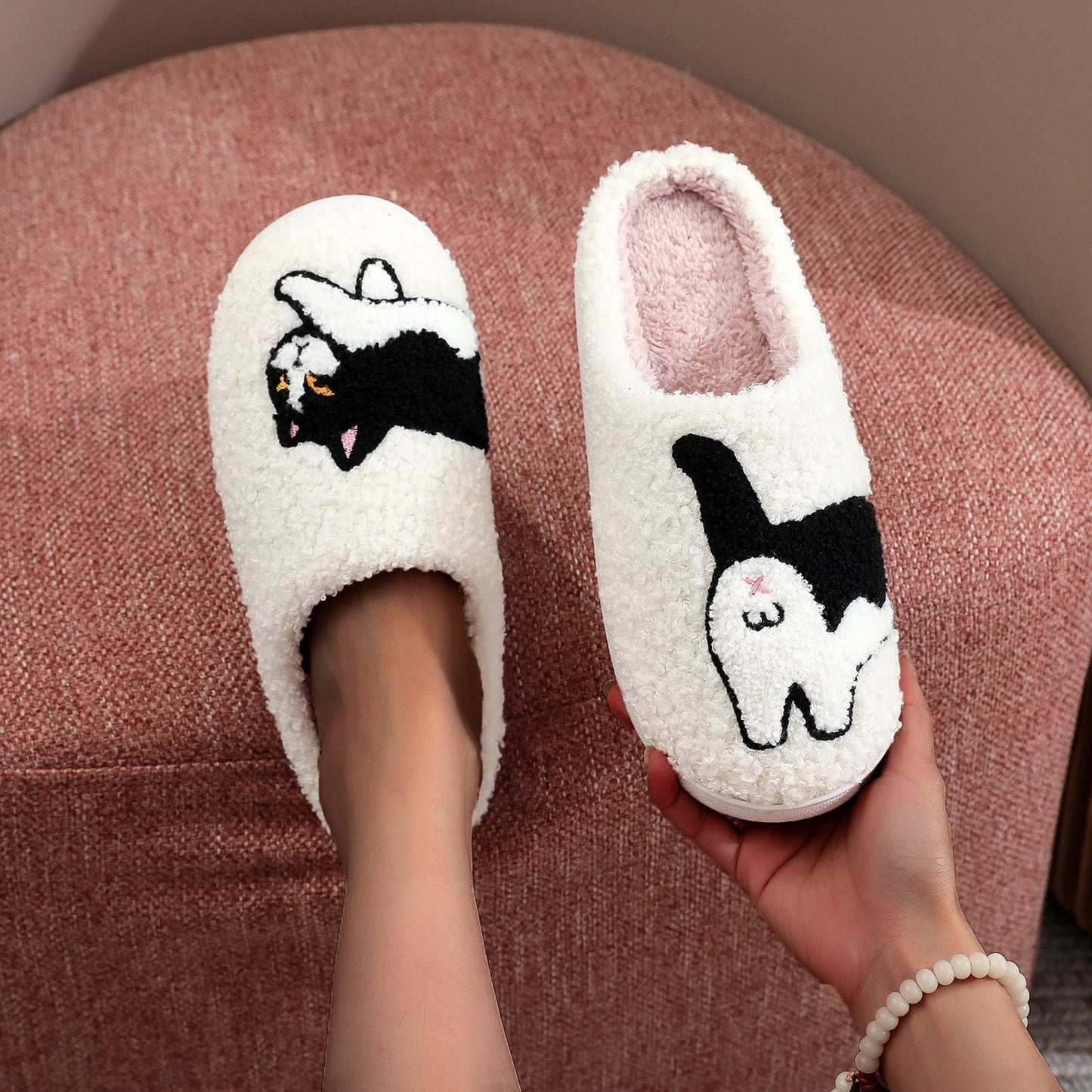 Cow Cat Pet Pattern Embroidery stuffed Home Platform Cozy Wool Cotton Slippers Cute Warm Non-slip Indoor Slippers Pet Mom Gift Catman Men Women Can Wear