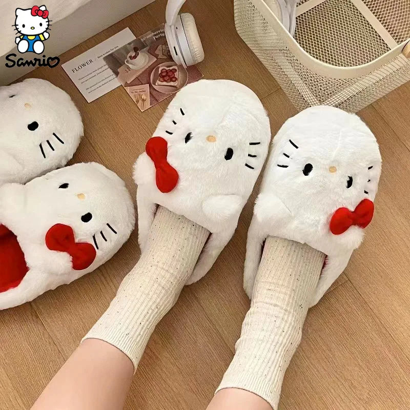 Sanrio Hello Kitty Plush Slippers Anime Sanrio Plush Cotton Slipper Winter Warm Cartoon Cotton Shoes Hello Kitty Slippers Gifts