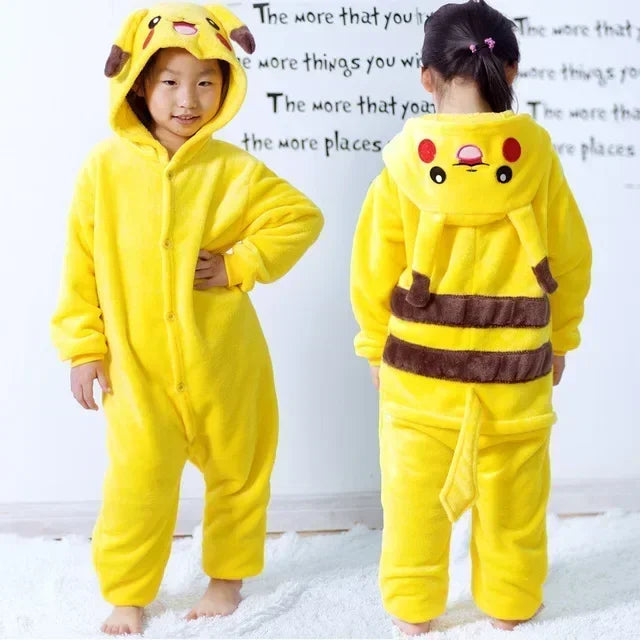 Pokemon Pikachu Warm Flannel Homewear Kids Autumn&Winter Soft Onesie Cosplay Animal Hoodie Pajamas Parent-Child Girls Sleepwear