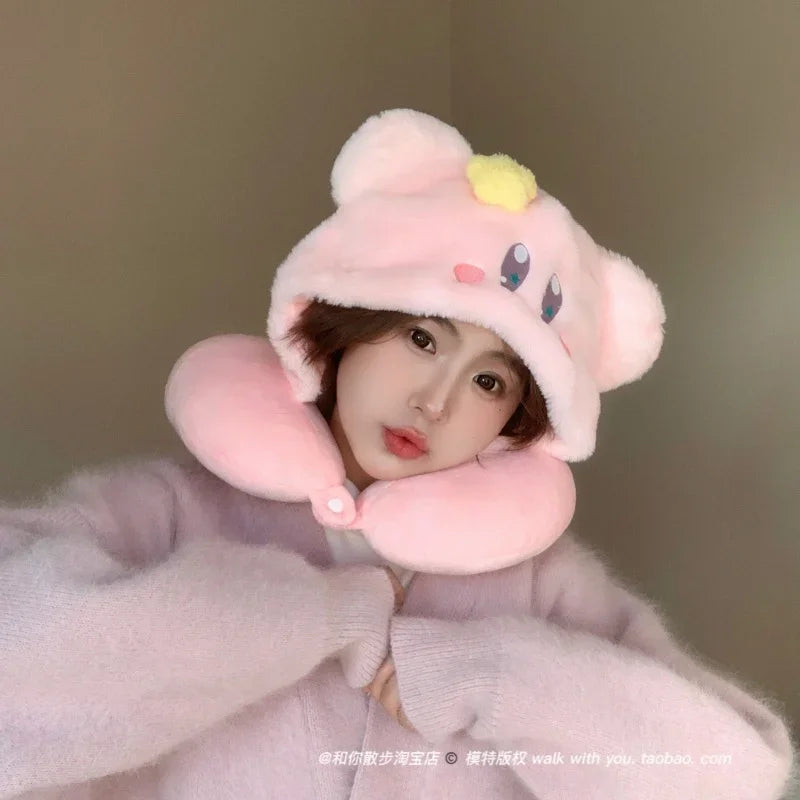 Miniso Kirby Plush Hooded U-shaped Neck Pillow Kirby Comfortable Blackout Travel Pillow Airplane Office Nap Pillow Girl Gift