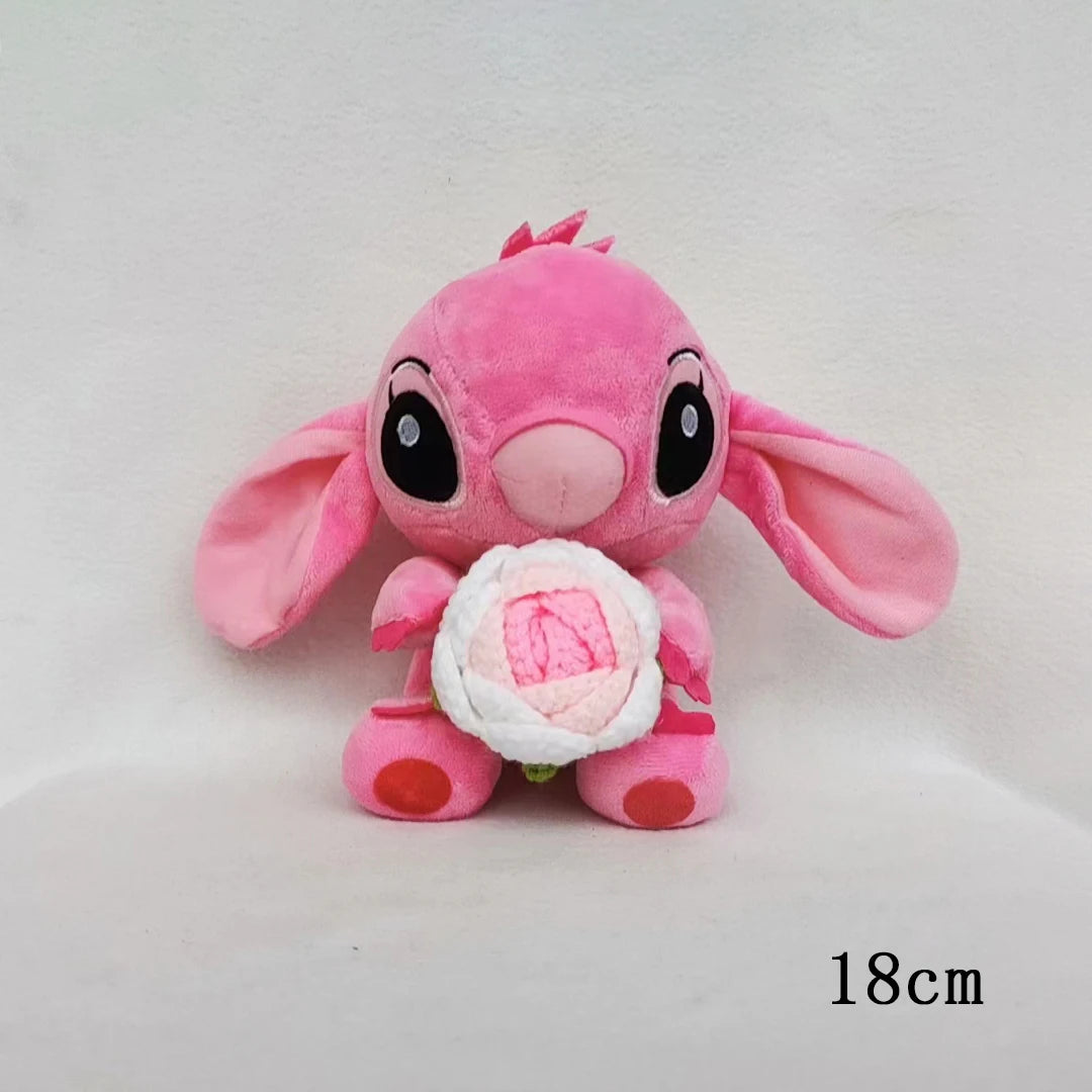 Disney Stitch Stuffed Plush Dolls Hand Woven Sunflower Rose Cartoon Stuffed Anime Blue Pink Plush Toys Christmas Birthday Gift