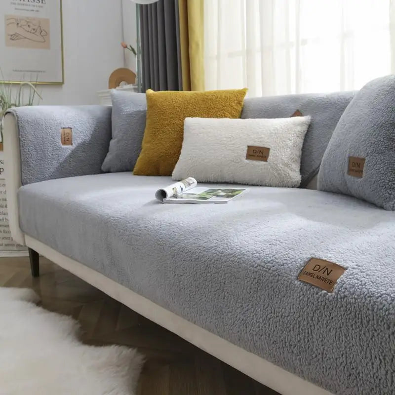 Lamb cashmere Winter Warmth Thickened Sofa Cover Nordic Minimalist Anti Slip Plush Cushion  Soft Dust Comfortable Couch Towel