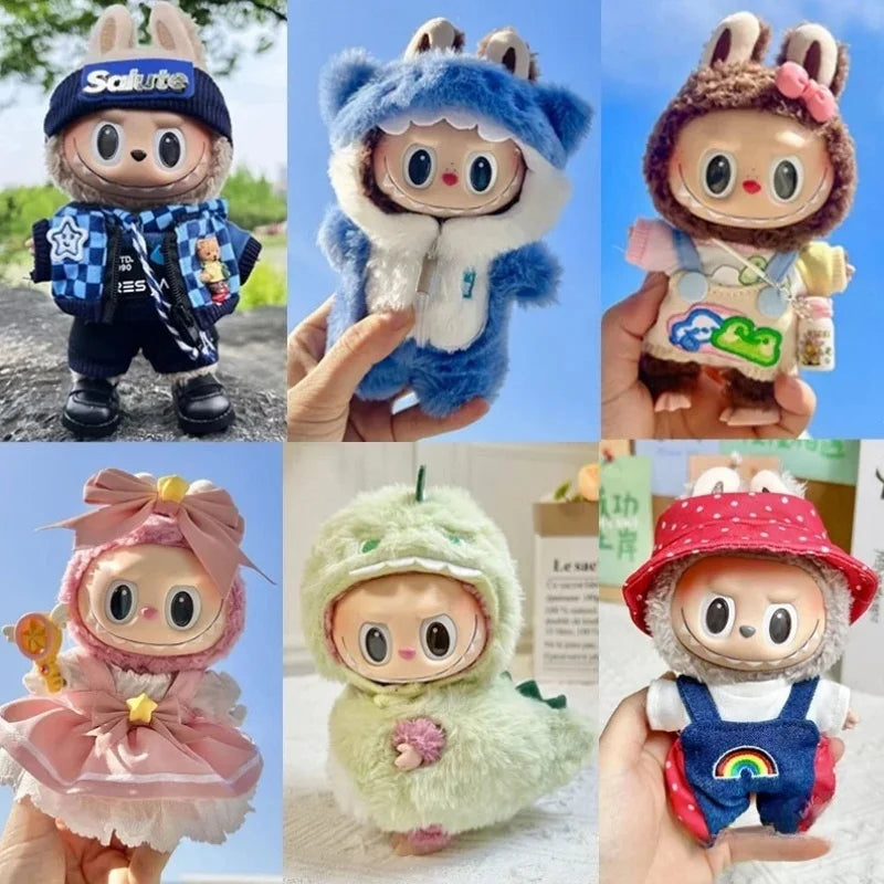 New 17cm Pendant Cute Labubu Doll Clothes Fashion Dress Headgear Stuffed Accessories Cos Anime Plush Cartoon Decor Birthday Toys