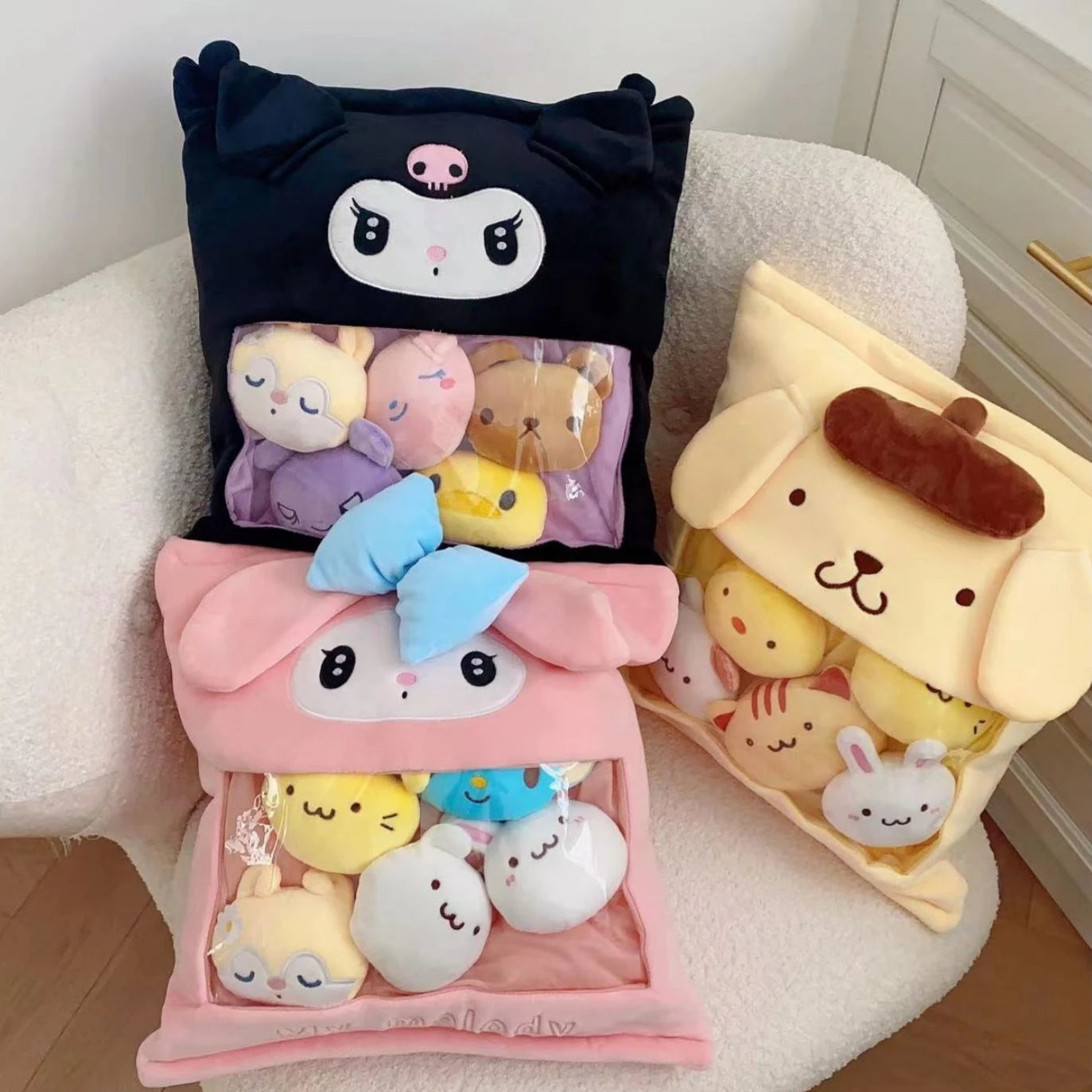 Sanrio Lovely A Bag of Kuromi My Melody Plush Toy Cute Stuffed Anime Plushies Throw Pillow Back Cushion Sofa Bed Home Decor Gift