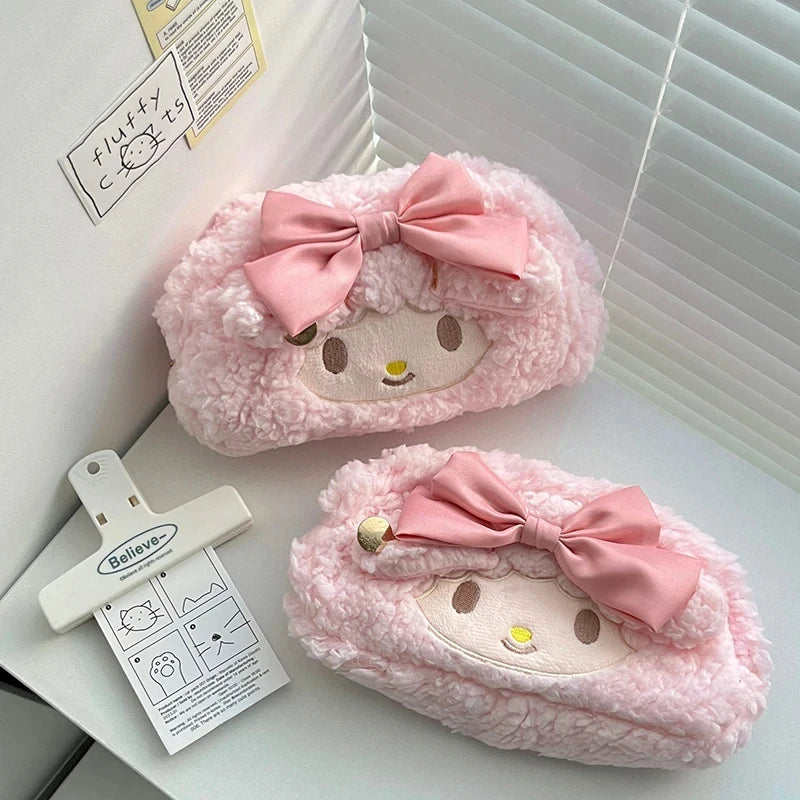 Sanrio Melody Cinnamoroll Fashionable Latest Pink Plush High Aesthetic Girl's Heart-shaped Pencil Case With Large Capacity