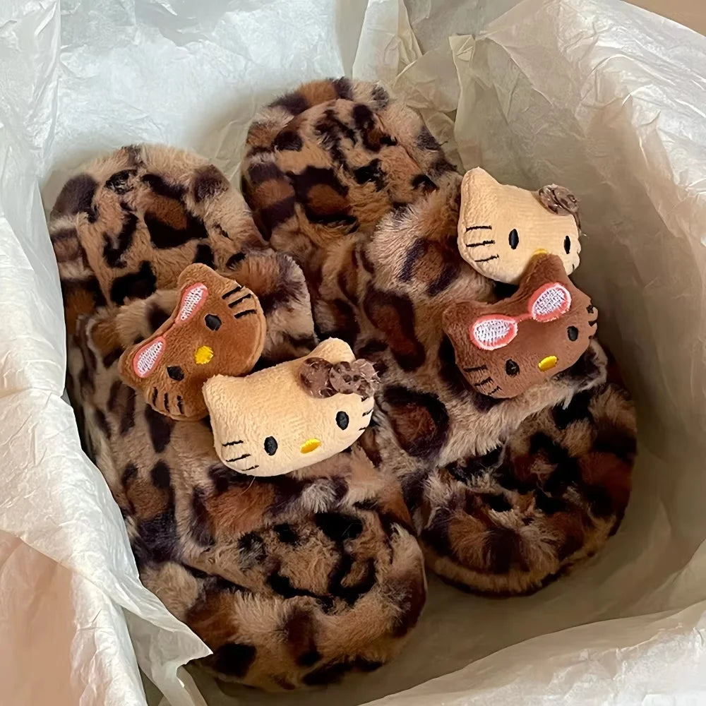 New Hello Kitty Leopard Print Plush Slipper Sanrio Cute Autumn And Winter Spicy Girl Thick Bottom Fashion Non-Slip Home Shoes