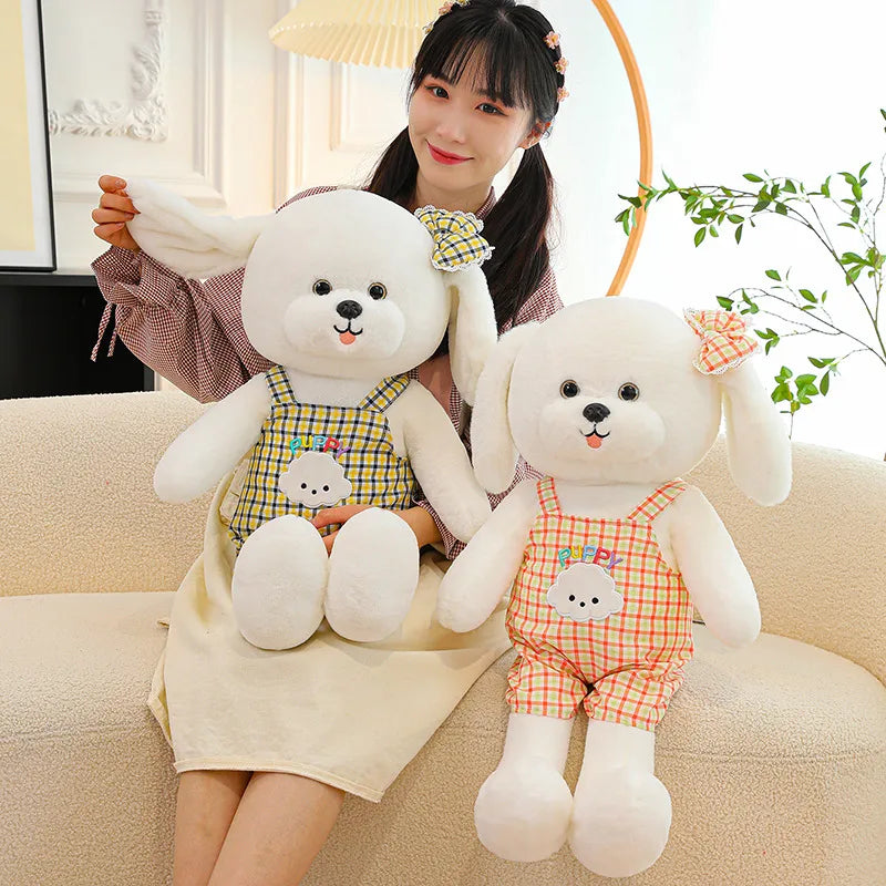 35/50/65cm Lovely Soft Stuffed Sitting White Dog Wearing Plaid Overalls Plush Animals Dog Doll Room Decor For Kids Birthday Gift