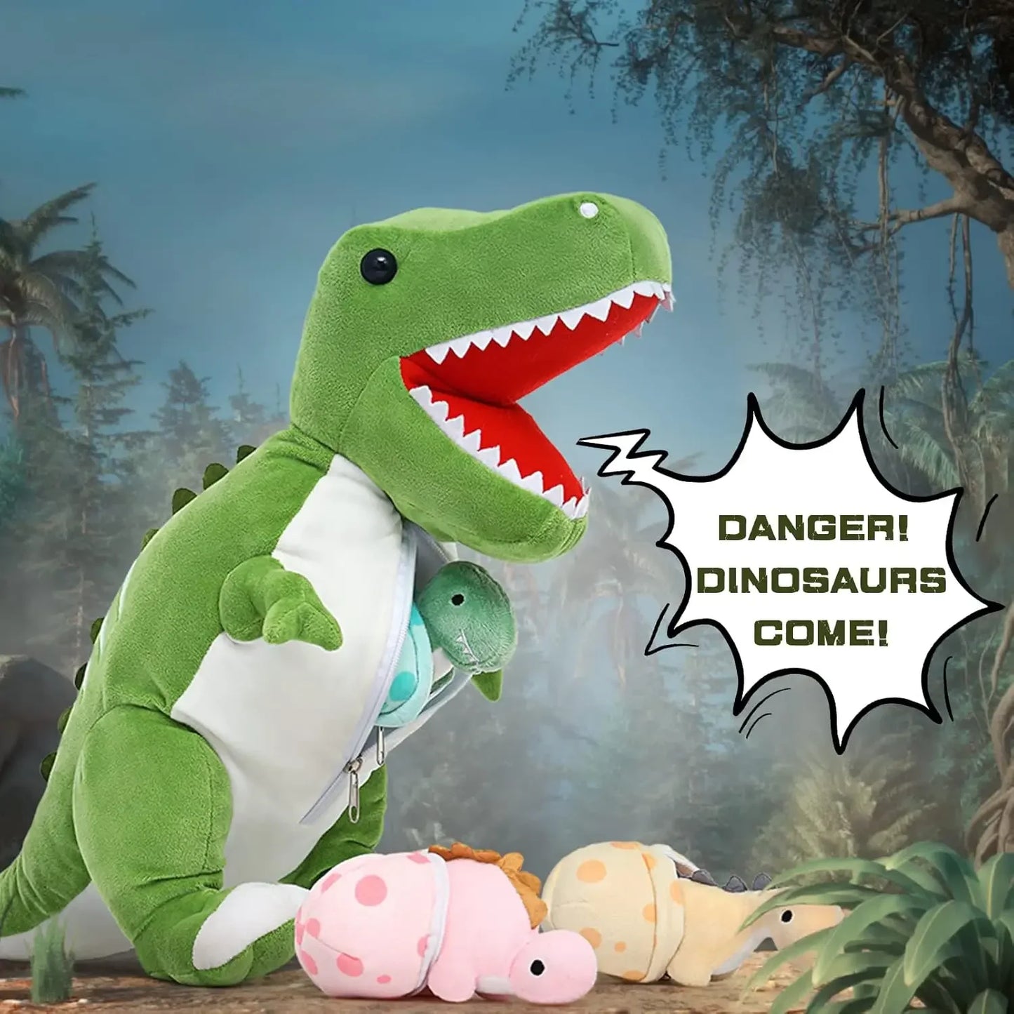 Tezituor Giant Dinosaur Stuffed Animal 23.6'' Big T-Rex Mommy Dinosaur Plush Toy with 3 Cute Baby Dinosaurs & 3 Egg Bags Inside