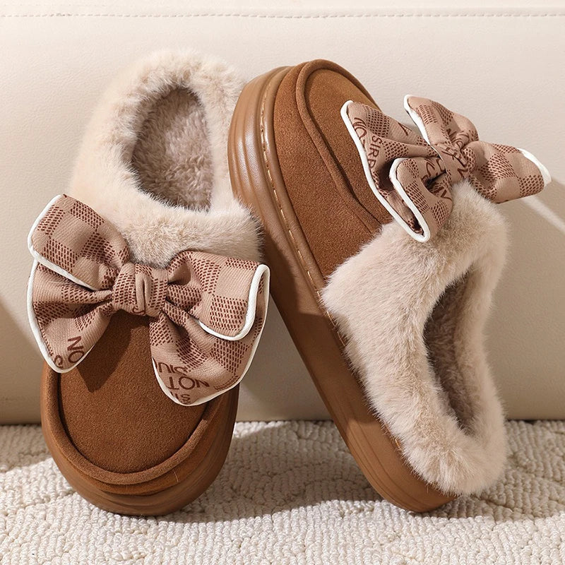 Lovely Bow Women Winter Toe Wrap Warm Solid Cotton Slippers Thick Soft Sole Slides Femmer Indoor Floor Flat Home Non-slip Shoes