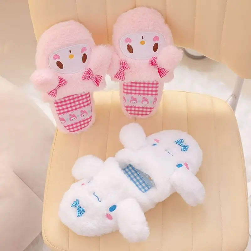 Lovely Warm Indoor Shoes Cute Kuromi My Melody Cinnamoroll Slippers Lolita Home Cotton Shoes For Girl Lady Winter Non-slip