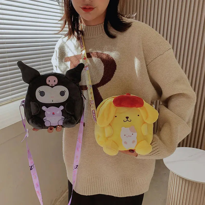 Kawai Sanrio Backpack Cute Kuromi Cinnamoroll Pompompurin My Melody Cute Plush Toy Mobile Phone Bag Girl Christmas Birthday Gift