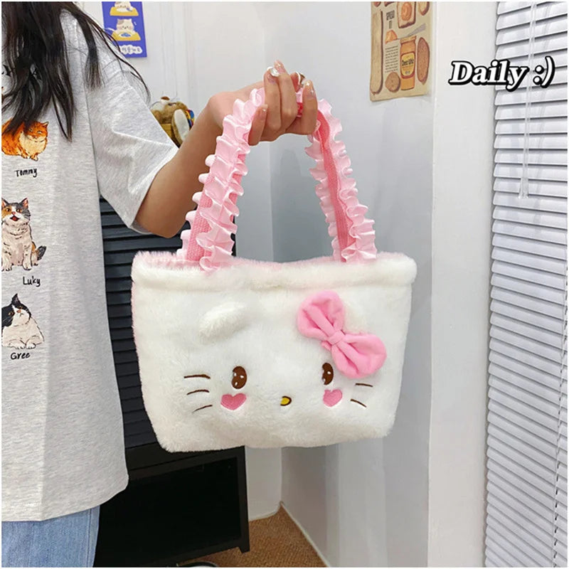 Hello Kitty Plush Bag Kawaii Sanrio Anime Handbag Cinnamoroll Kuromi Melody Cartoon Soft Stuff Shoulder Cosmetic Bags Girl Gifts