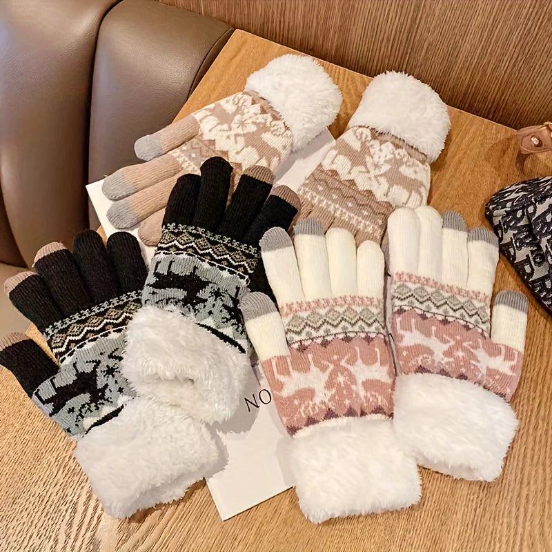 Christmas Reindeer Jacquard Knit Gloves Plush Cuff Thick Warm Gloves Autumn Winter Soft Coldproof Touchscreen Gloves