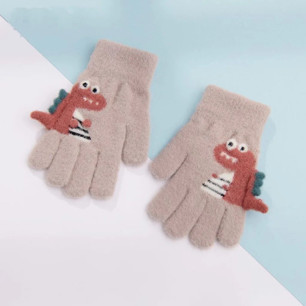 4-8 Year Old Winter Children's Thick Knitted Gloves Cartoon Dinosaur Warm Plush Children's Winter Children's Finger Gloves