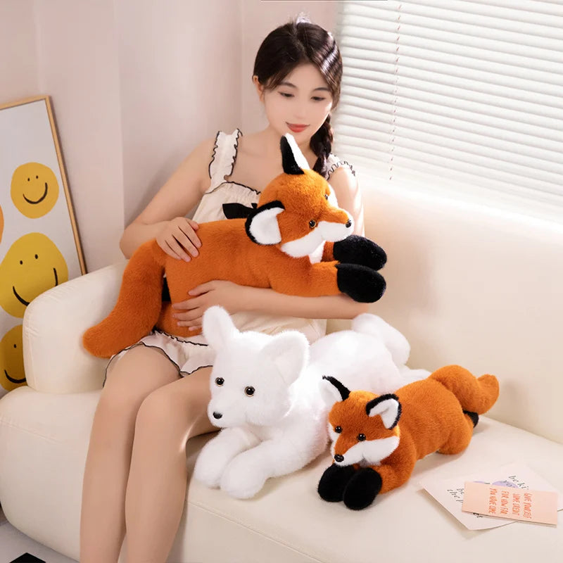 45/65/90CM Furry Fox Plush Toys Lying White Orange Fox Soft Pillow Stuffed Doll Cute Sofa Cushion