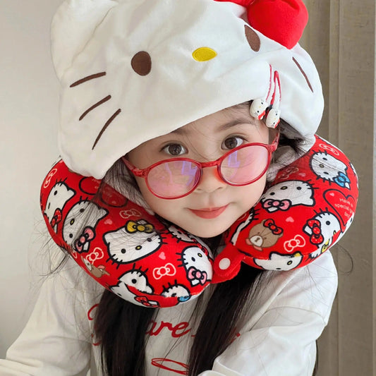 Sanrio Kawaii Hello Kitty U-shaped Neck Pillow With Hat Travel Pillow Hooded Blackout Office Car Hello Kitty Girl Gifts