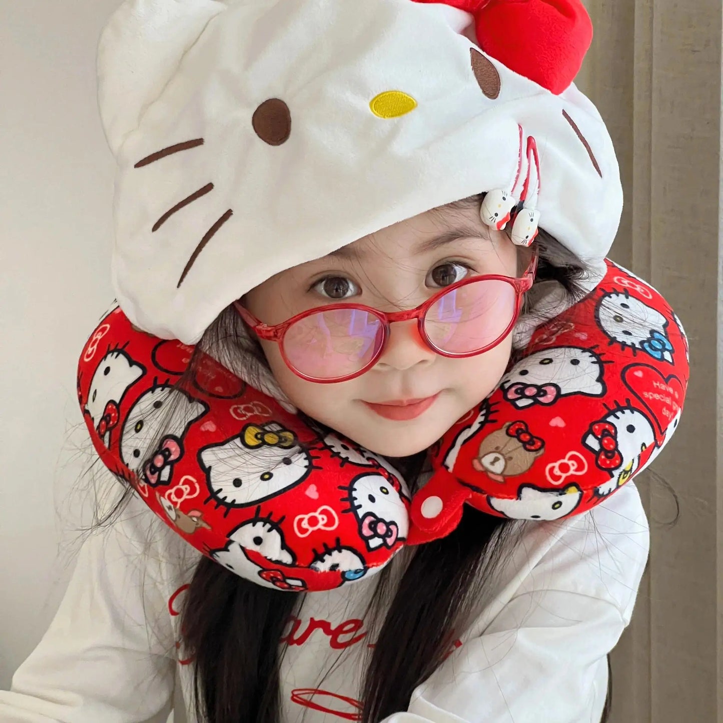 Sanrio Kawaii Hello Kitty U-shaped Neck Pillow With Hat Travel Pillow Hooded Blackout Office Car Hello Kitty Girl Gifts