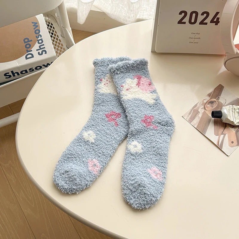 Japanese Kawaii Cute Socks Autumn Winter Thicken Warm Soft Plush Women Socks Coral Fleece Thermal Homewear Floor Sleeping Socks