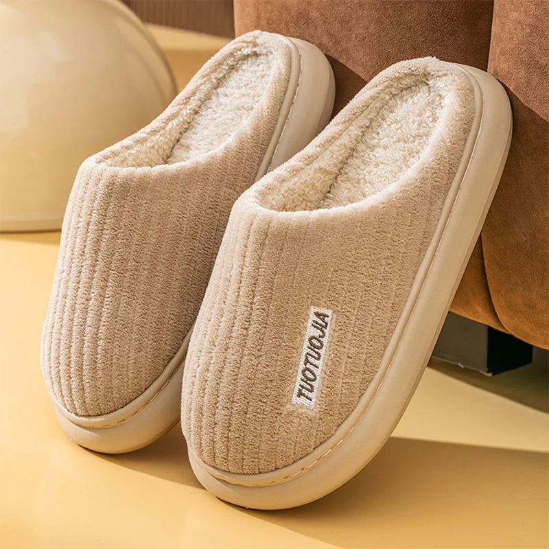 Couple Slippers Indoor Stripe Fluff Memory Foam Fluffy Eva Anti-skid Soft Heel Non Slip Plush Slippers Women's Winter Houseshoes