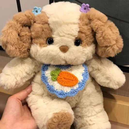 Kawaii Fluffy Dog Plush Toy Soft Stuffed Animal With Bib Knit Dog Comfortable High Quality Accompany Pillow Boy And Girl Sleep