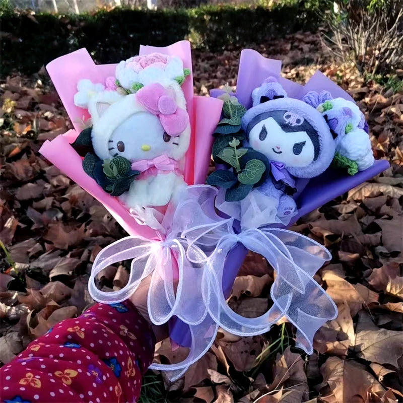 New Kuromi Hello Kitty Plush Bouquet Sanrio Cinnamoroll My Melody  Plushies Toy Rose Woven Hand-Crochet Valentine's Day Gift