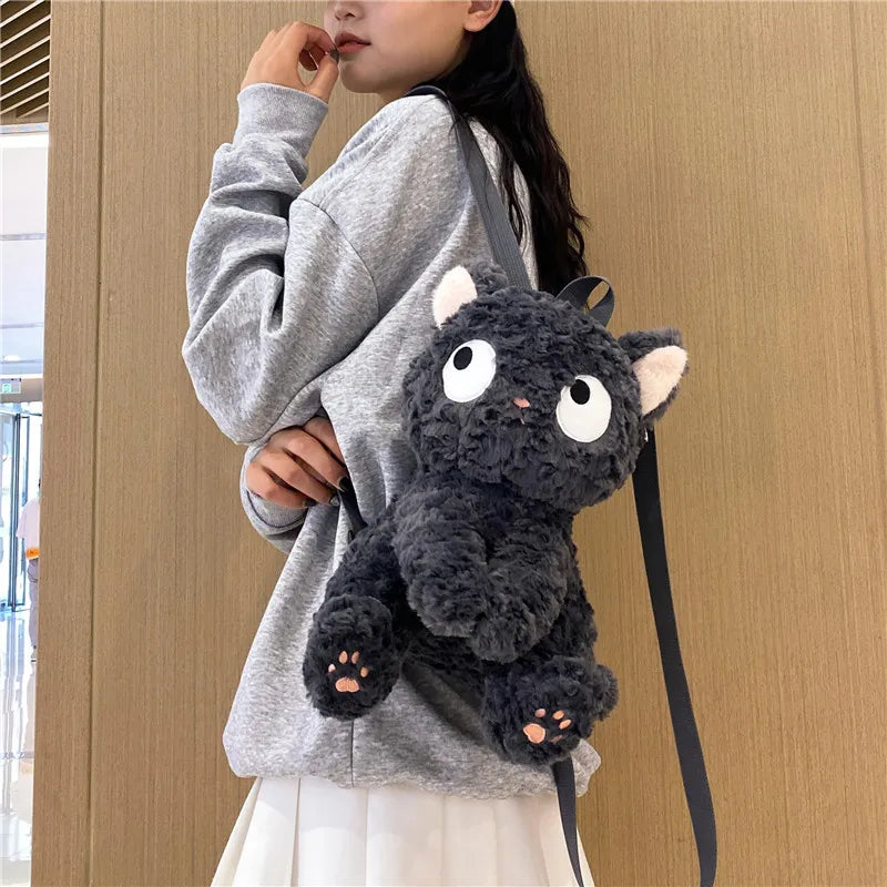 MyRytanda Black Cat Fluffy Backpacks Cartoon Soft Plush School Bags Huggable Couple Travel Backpacks Girls Boys Friends Gifts