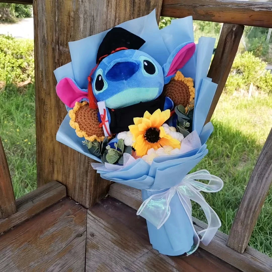 Anime Hot Lilo & Stitch With Handmade Knitting Sunflower Plush Bouquet Toys  Student Graduation Souvenir Birthday Gift