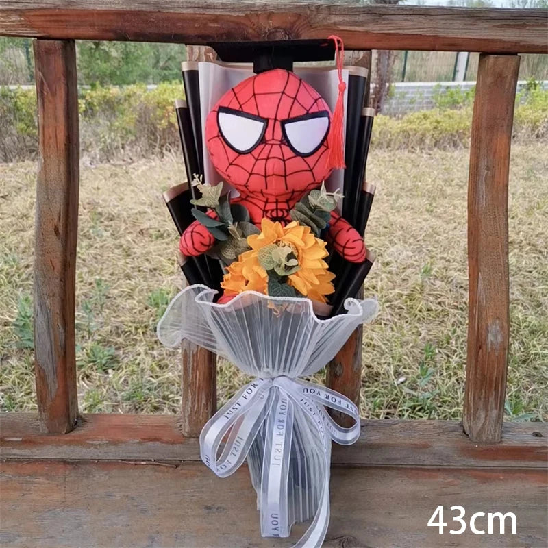 Animation Super Hero Spider Plush Doll With Rose Flower Bouquets Soft Stuffed Kids Graduation Christmas Day Birthday Gifts