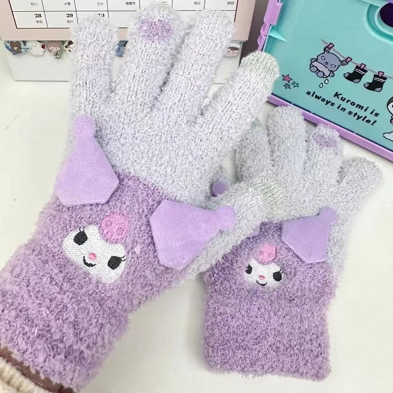 Sanrio Gloves Plush Kuromi Cold-Proof Gloves My Melody Cinnamoroll Five-Finger Gloves Touch Screen Pochacco Child Christmas Gift