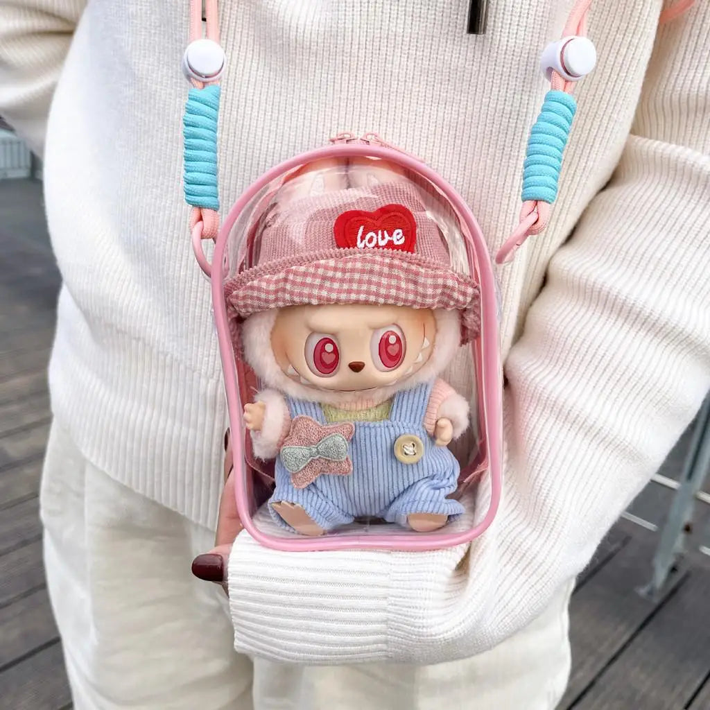 For 15cm Labubu v2 sitting party 15cm cotton doll outfit crossbody pain bag pvc storage bag Dolls Display Bag