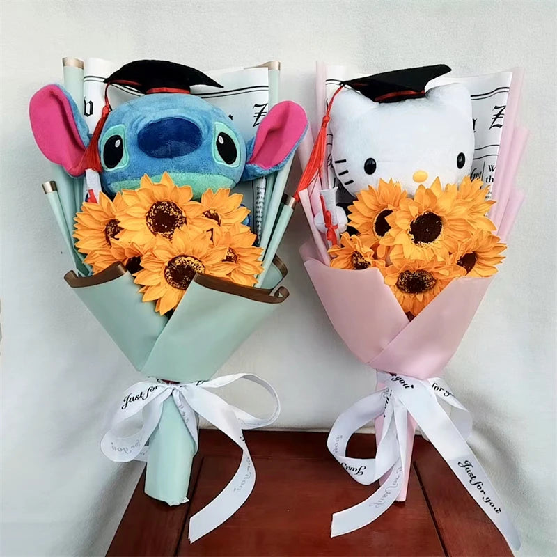 Doctor Teddy Bear Stitch Plush Bouquet Toys with Sunflower  Cute Teddy Bear Doll Student Graduation Souvenir Birthday Gifts