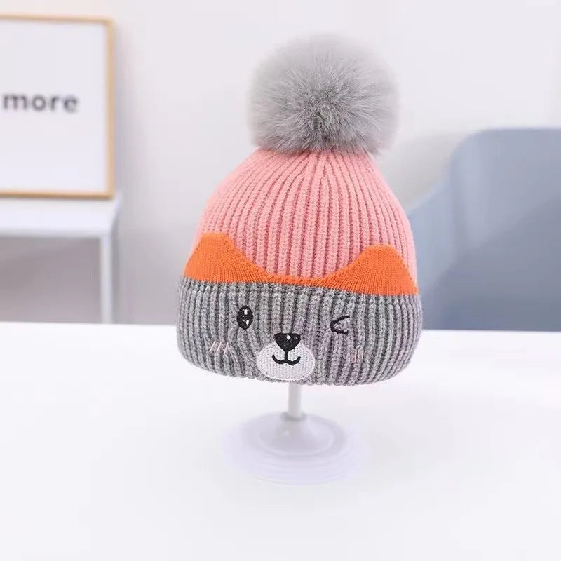 Soft Fluffy Baby Pompom Pullover Hat Cartoon Type Warm Baby Knitted Cap Plush Fluffy Windproof Winter Baby Earmuffs