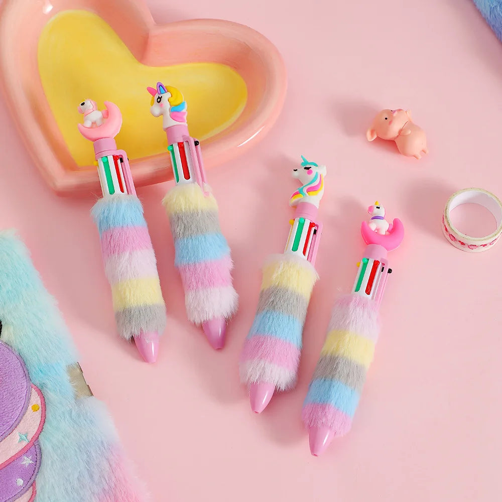 2PCS 6 Colors Children's Unicorn Plush Ball-point Pen Student Rainbow Gel Pen Fantastic Cartoon Girl Handwriting Pens