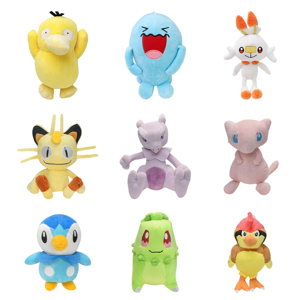 Psyduck Wobbuffet Scorbunny Meowth Mewtwo Mew Piplup Chikorita Pidgeotto Plush Toys Game for Collectible Gift,Soft Plushies