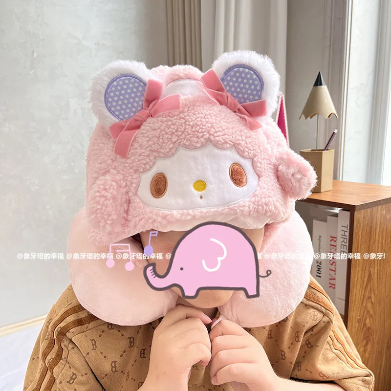 Sanrio My Melody My Sweet Piano Hello Kitty Hooded U-shaped Pillow Marie Cat Dumbo Elephant Travel Neck Pillow Office Nap Pillow