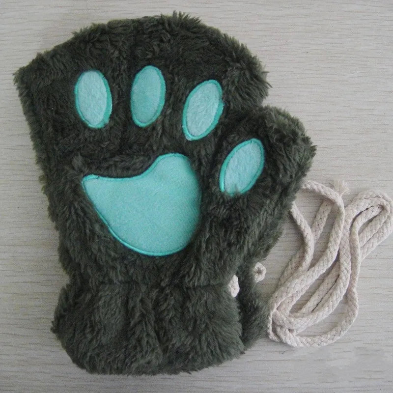 Cartoon Cute Cat Claw Paw Gloves Women Plush Mittens Warm Soft Plush Short Fingerless Fluffy Bear Cat Gloves Costume Half Finger