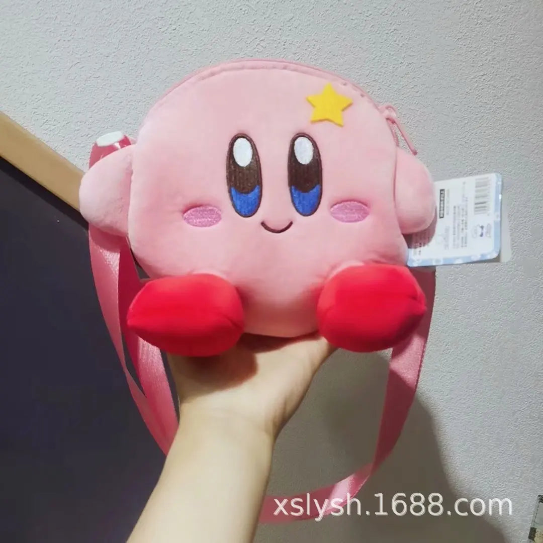 Kawaii Kirby Plush Toy Hand Bag Cartoon Star Kirby Messenger Bag Double Pull Crossbody Bag Plush Toy for Girls Birthday Gifts