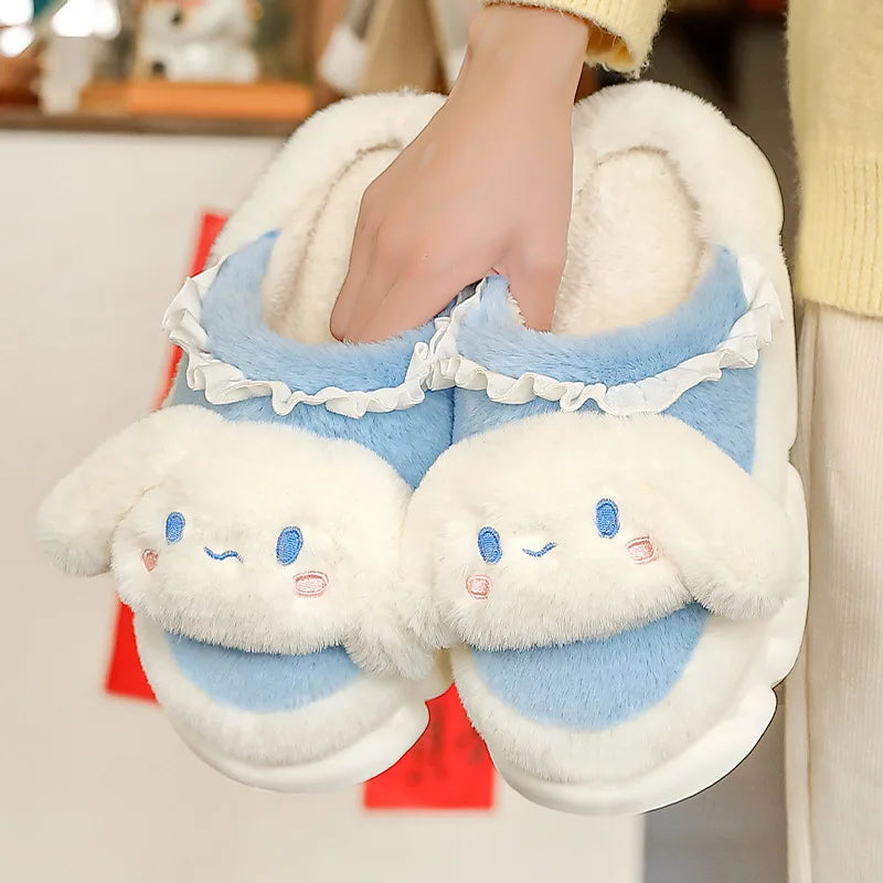 Kawaii Sanrio Home Slippers Hello Kitty Plush Cotton Indoor Bathroom Women 2023 Summer Beach Anti-sli Shoes Kuromi Flip Flops