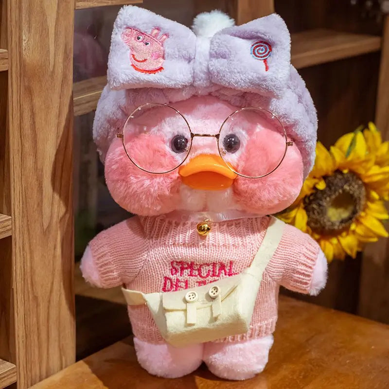 30cm Cute Cafe Pink Duck Stuffed Plush Animals Toy Wear Glasses And Clothes Soft Doll Girl Birthday Creative Gift For Girls