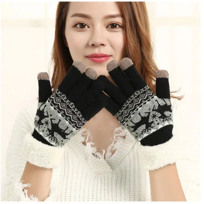 Christmas Reindeer Jacquard Knit Gloves Plush Cuff Thick Warm Gloves Autumn Winter Soft Coldproof Touchscreen Gloves