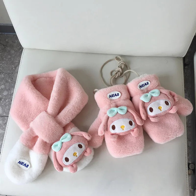 Sanrio My Melody Plush Kuromi Children'S Scarf Cinnamoroll Glove Accessories Soft Thickened Kids Scarves Kid Birthday Xmas Gifts