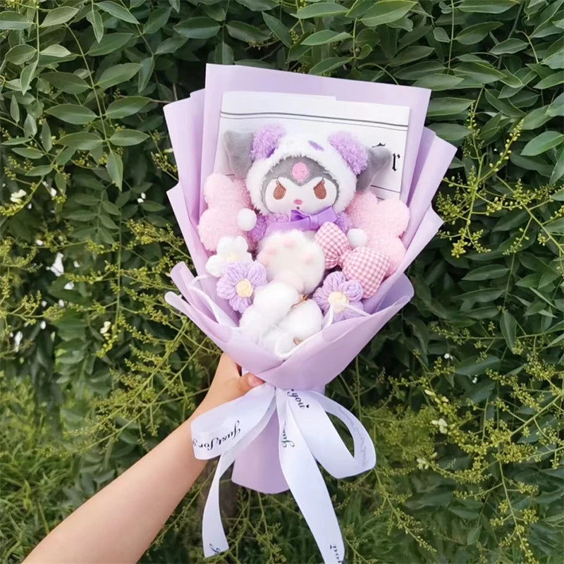 Anime Kuromi My Melody Cinnamoroll Hello Kitty Plush Doll Toy With bowknot Bouquet Valentine's Day Birthday Christmas Gift