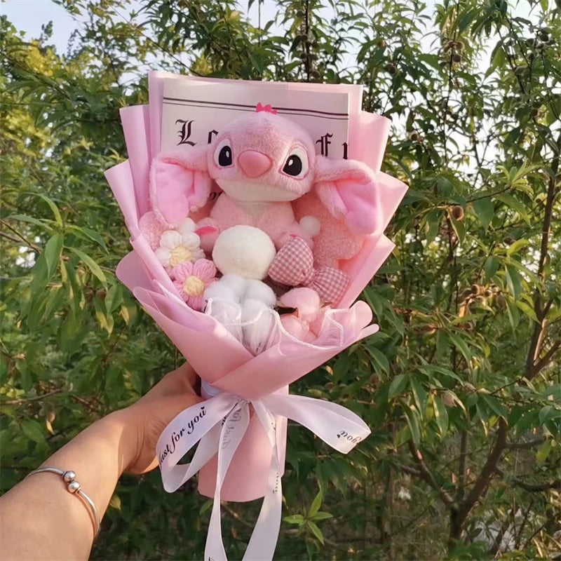 Anime Lilo & Stitch  Plush Bouquet  With floret Bowknot Cartoon Stuffed Animals Birthday Christmas Valentine's Day Party Gift