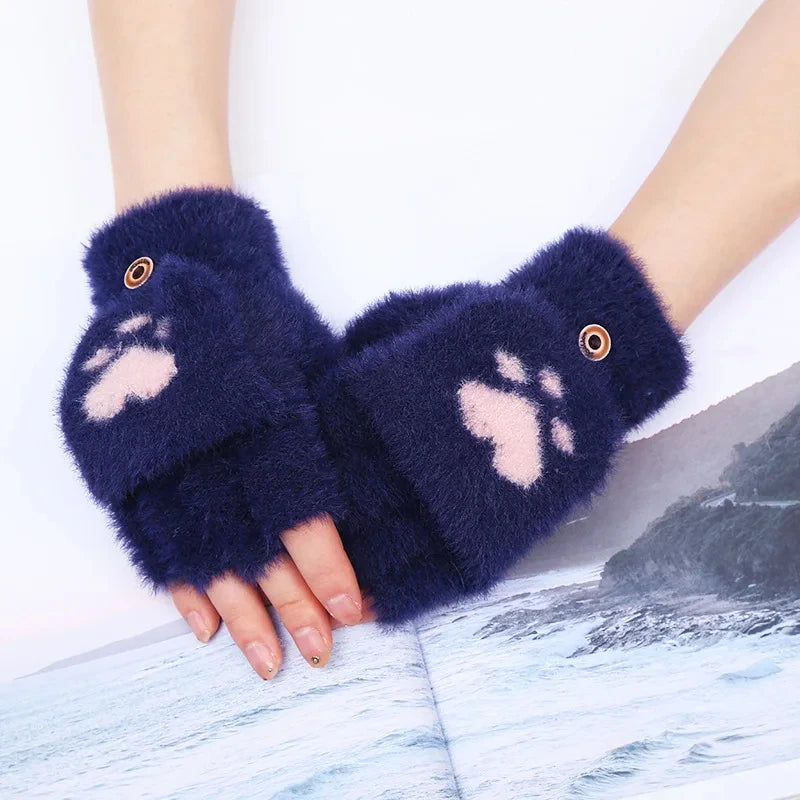 Women Plush Warm Glove Fur Lovely Rabbit Cat Mittens Flip Fingerless Gloves Soft Girls Thick Gloves Flexible Half Finger Winter