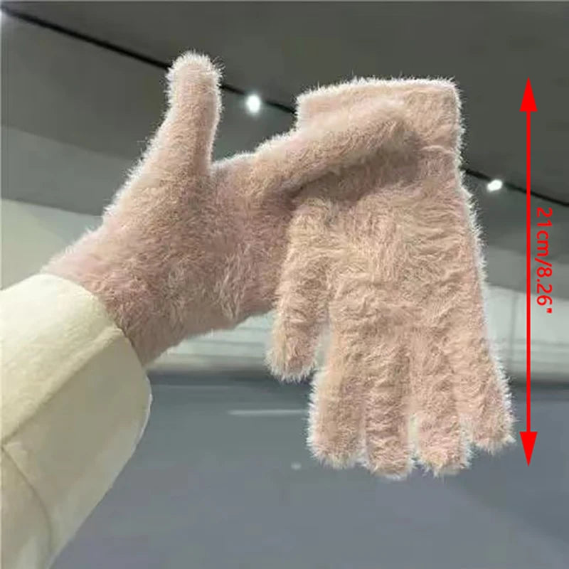 Women Mink Fleece Gloves Winter Warm Plush Five Finger Gloves Outdoor Windproof Plush Gloves Cute Fur Fluffy Mittens