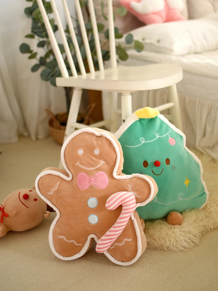 Cute Gingerbread Man Throw Pillow Christmas Tree Plush Toy Girly Room Decoration Lying Elk Plushies Soft Gifts For Girl