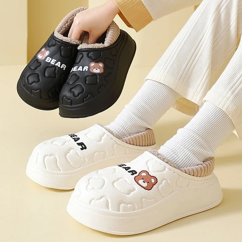 Winter Slippers For Women Bear Cartoon Outdoor Waterproof House Shoes For Men Plush Casual Shoes Indoor Fluffy Cotton Slippers