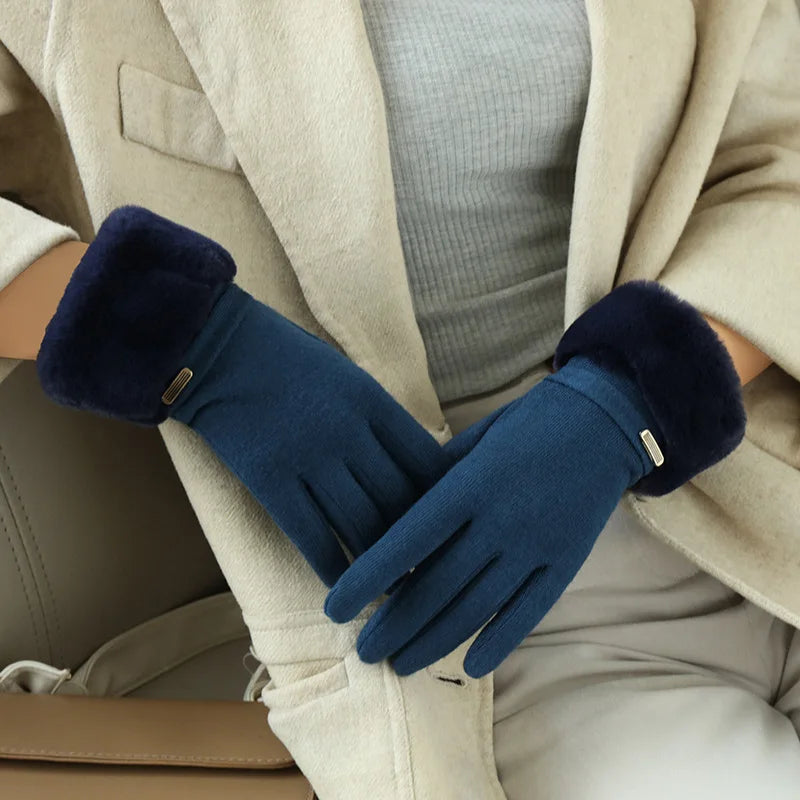 Winter Women Keep Warm Plus Velvet Touch Screen Thicken Plush Wrist Suede Gloves Fashion Personality Elegant Drive Cycling