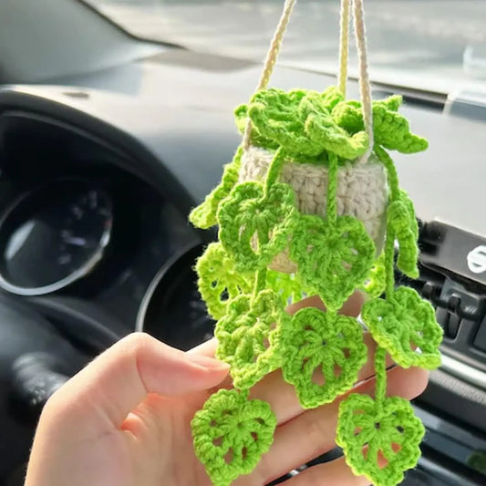 Boho Car Plant Crochet Hanging Basket, Hanging Plant for Car Decor