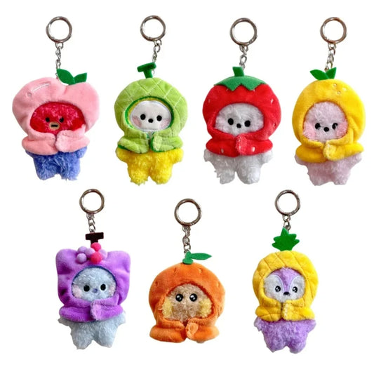 9Cm Kawaii Bt21 Small Animal Mini Plush Keychain knapsack Pendant Cartoon Fruit Headband Series Plush Doll Pendant Birthday Gift